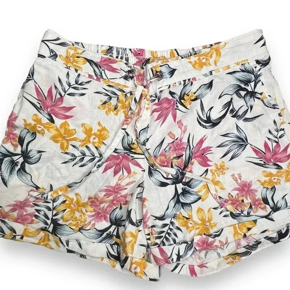 Per Se Tropical Floral Print Linen Shorts Stretch Waist Drawstring Tie Large - Picture 3 of 9